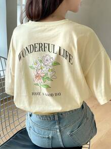DAZY Đồ họa hoa & khẩu hiệu Áo thun trễ vai CUỘC SỐNG TUYỆT VỜI CHÚC BẠN MỘT NGÀY TỐT LÀNH - Màu be - Xem 1