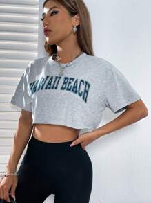 SHEIN ChicEase Letter Graphic Drop Shoulder Crop Tee - Light Grey - View 5