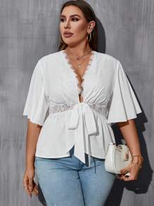 Celure 大碼蕾絲拼接前打結襯衫 - 白色 - 查看 3