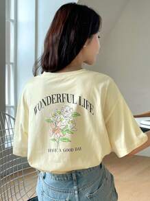 DAZY Đồ họa hoa & khẩu hiệu Áo thun trễ vai CUỘC SỐNG TUYỆT VỜI CHÚC BẠN MỘT NGÀY TỐT LÀNH - Màu be - Xem 6