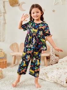 Toddler Girls Animal Print Ruffle Hem PJ Set - Multicolor - View 2