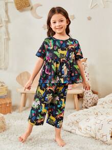 Toddler Girls Animal Print Ruffle Hem PJ Set - Multicolor - View 5