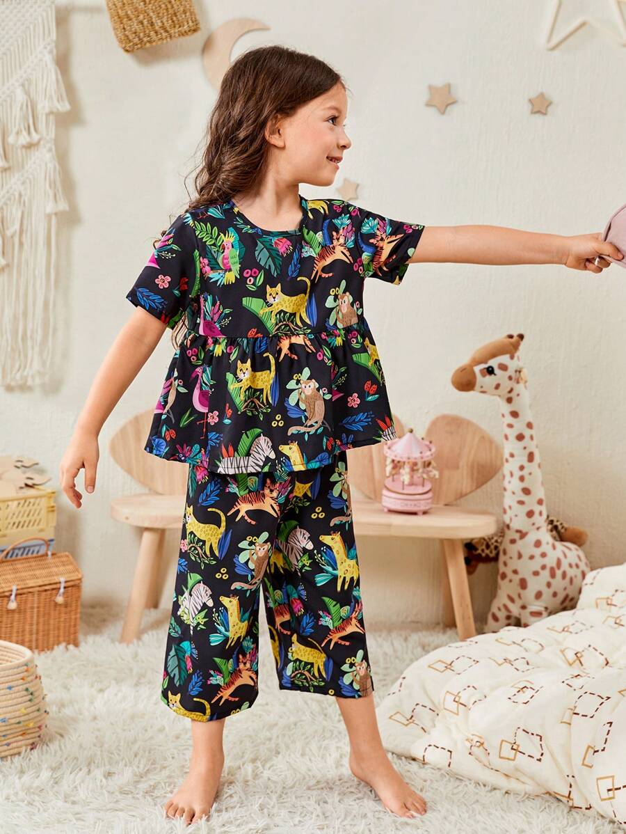 Toddler Girls Animal Print Ruffle Hem PJ Set - Multicolor - View 1