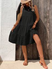 Breezaya Solid Ruffle Hem Smock Dress - Black - View 6