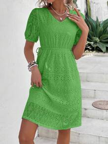 Breezaya Eyelet Embroidery Puff Sleeve Knot Side Dress - Green - View 1