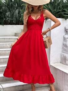 SHEIN VCAY Đầm Lộ Lưng Viên lá sen màu trơn Giải trí - Đỏ - Xem 5
