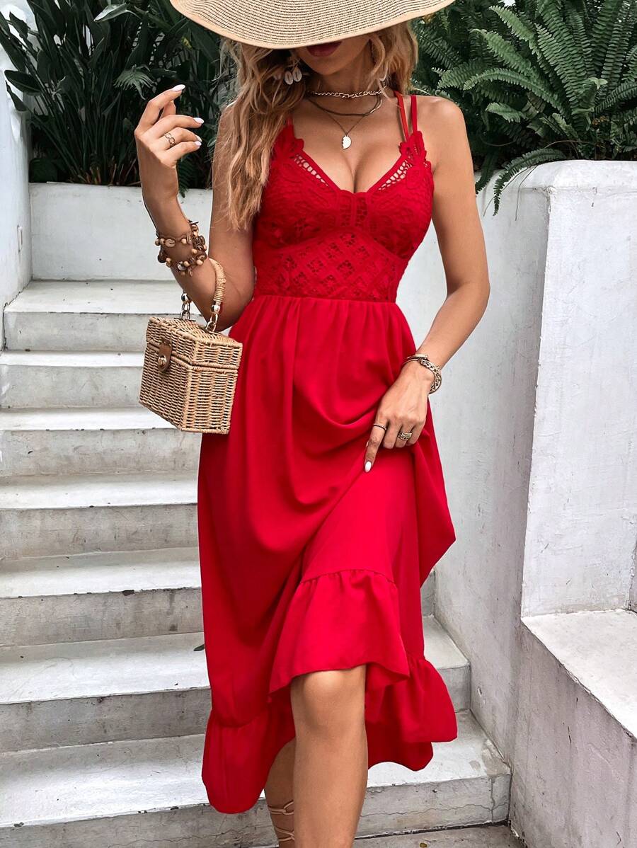 SHEIN VCAY Đầm Lộ Lưng Viên lá sen màu trơn Giải trí - Đỏ - Xem 1