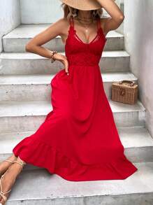 SHEIN VCAY Đầm Lộ Lưng Viên lá sen màu trơn Giải trí - Đỏ - Xem 6