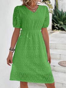 Breezaya Eyelet Embroidery Puff Sleeve Knot Side Dress - Green - View 4