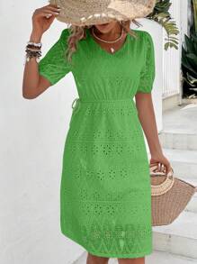Breezaya Eyelet Embroidery Puff Sleeve Knot Side Dress - Green - View 6
