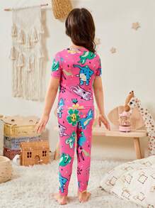 Toddler Girls Cartoon Graphic Tee & Trousers Snug Fit PJ Set - Hot Pink - View 2