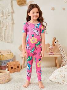Toddler Girls Cartoon Graphic Tee & Trousers Snug Fit PJ Set - Hot Pink - View 4