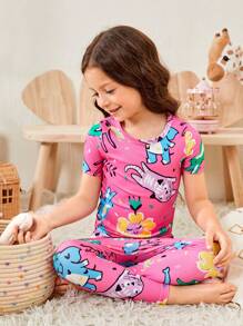 Toddler Girls Cartoon Graphic Tee & Trousers Snug Fit PJ Set - Hot Pink - View 5