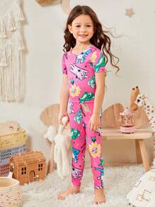 Toddler Girls Cartoon Graphic Tee & Trousers Snug Fit PJ Set - Hot Pink - View 6