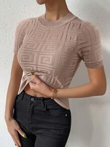 SHEIN Privé Áo dệt kim nữ màu trơn Giải trí - Màu Khaki - Xem 4