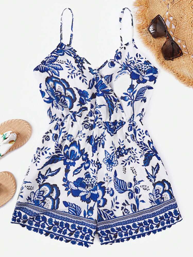 SHEIN VCAY Áo liền quần nữ Trọn gói Hoa Boho - Xanh và trắng - Xem 3