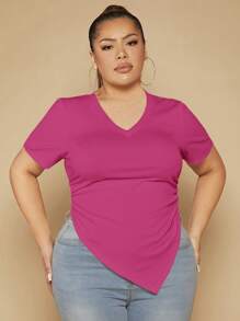 SHEIN SXY 大碼素色褶邊不對稱下擺T恤 - 粉色 - 查看 1