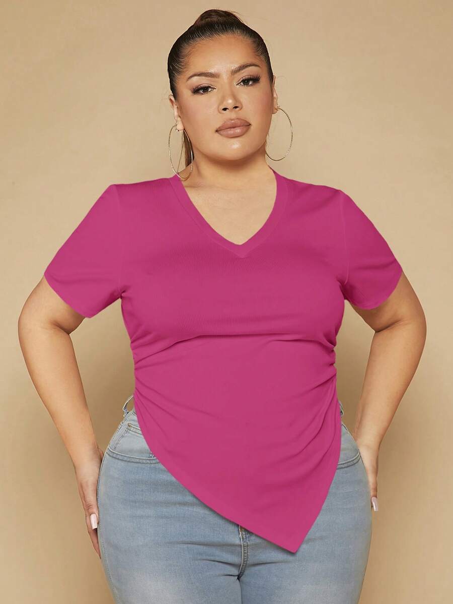 SHEIN SXY 大碼素色褶邊不對稱下擺T恤 - 粉色 - 查看 1