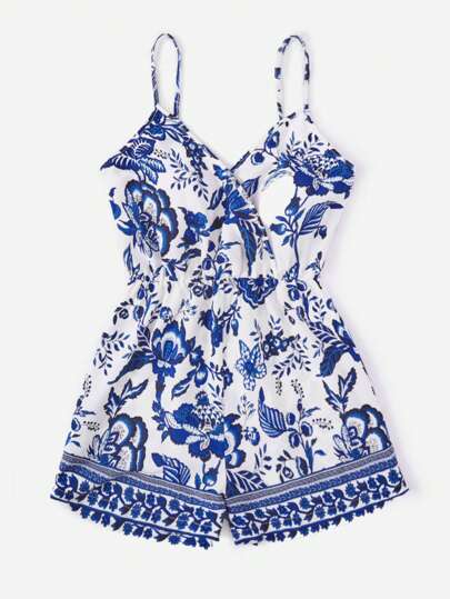 ^_^新品Floral Cozy Cami Romper M MakeMeChic Women's Plus Size Floral Print High Elastic Waist