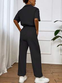 SHEIN Unity 翻蓋細節落肩袖襯衫連體褲 - 黑色 - 查看 2