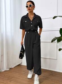 SHEIN Unity 翻蓋細節落肩袖襯衫連體褲 - 黑色 - 查看 3