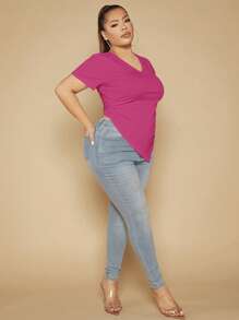 SHEIN SXY 大碼素色褶邊不對稱下擺T恤 - 粉色 - 查看 5