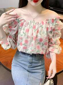 Blusa floral fruncido de manga farol - Multicolor - Ver 3