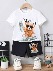 SHEIN Bộ thời trang bé trai Hoạt hình Lá thư Giải trí - Đen và trắng - Xem 1