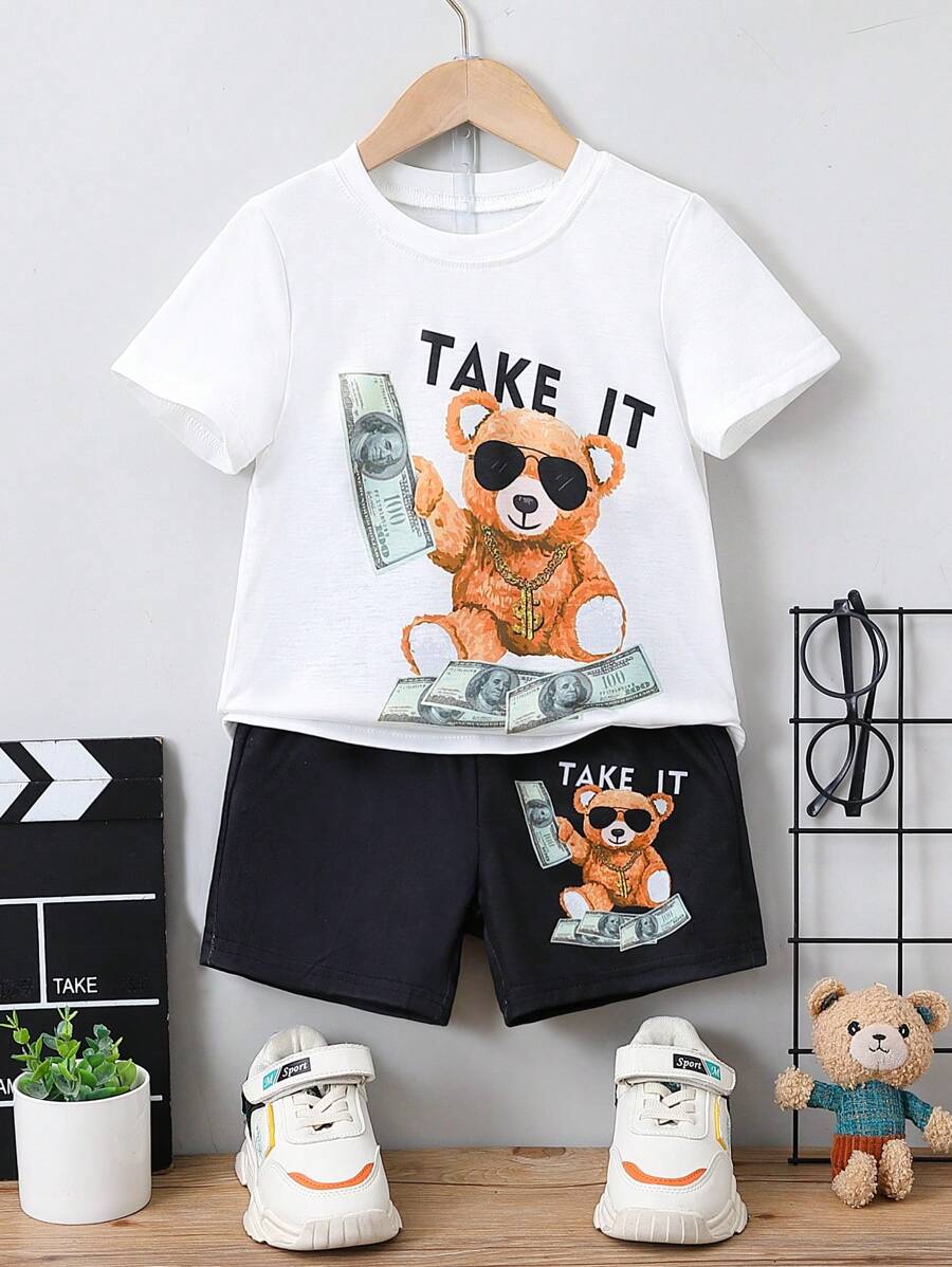 SHEIN Bộ thời trang bé trai Hoạt hình Lá thư Giải trí - Đen và trắng - Xem 1