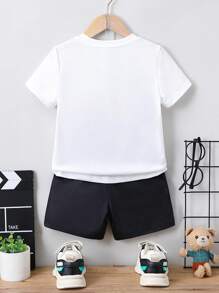 SHEIN Bộ thời trang bé trai Hoạt hình Lá thư Giải trí - Đen và trắng - Xem 2