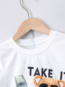 SHEIN Bộ thời trang bé trai Hoạt hình Lá thư Giải trí - Đen và trắng - Xem 4
