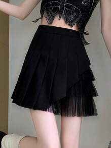 Solid Layer Pleated Mesh Panel Skirt - Black - View 1