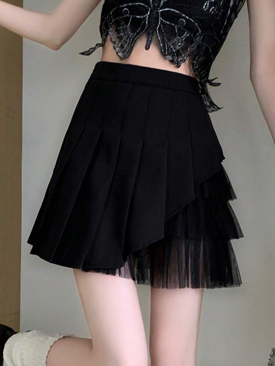 Solid Layer Pleated Mesh Panel Skirt - Black - View 1