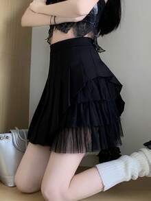 Solid Layer Pleated Mesh Panel Skirt - Black - View 3