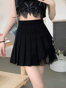 Solid Layer Pleated Mesh Panel Skirt - Black - View 4