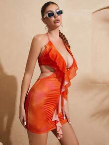 Đầm Lộ Lưng Xù Buộc lại Cà vạt nhuộm Gợi cảm - trái cam - Xem 4