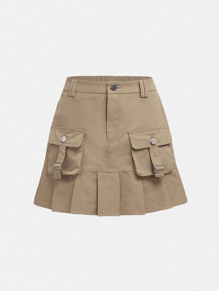 SHEIN Váy Gái Nút Xếp li Túi Dây kéo màu trơn Giải trí - Màu Khaki - Xem 1