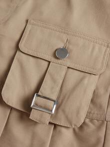 SHEIN Váy Gái Nút Xếp li Túi Dây kéo màu trơn Giải trí - Màu Khaki - Xem 3