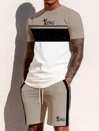 Guys Letter Graphic Colorblock Tee & Drawstring Waist Shorts Set