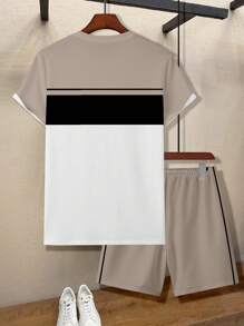 Manfinity Homme Men Letter Graphic Colorblock Short Sleeve Casual Tee & Drawstring Waist Shorts Set, Going Out - Multicolor - View 2