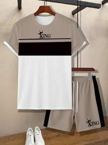 Manfinity Homme Men Letter Graphic Colorblock Short Sleeve Casual Tee & Drawstring Waist Shorts Set, Going Out - Multicolor - View 4