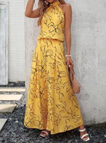 SHEIN Holidaya Bộ đồ hai mảnh nữ Hoa Tất cả trên in Boho - Màu vàng - Xem 3
