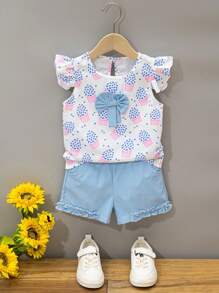 SHEIN Young Girl Floral Print Ruffle Sleeve Bow Tee & Frilled Shorts - Blue and White - View 1