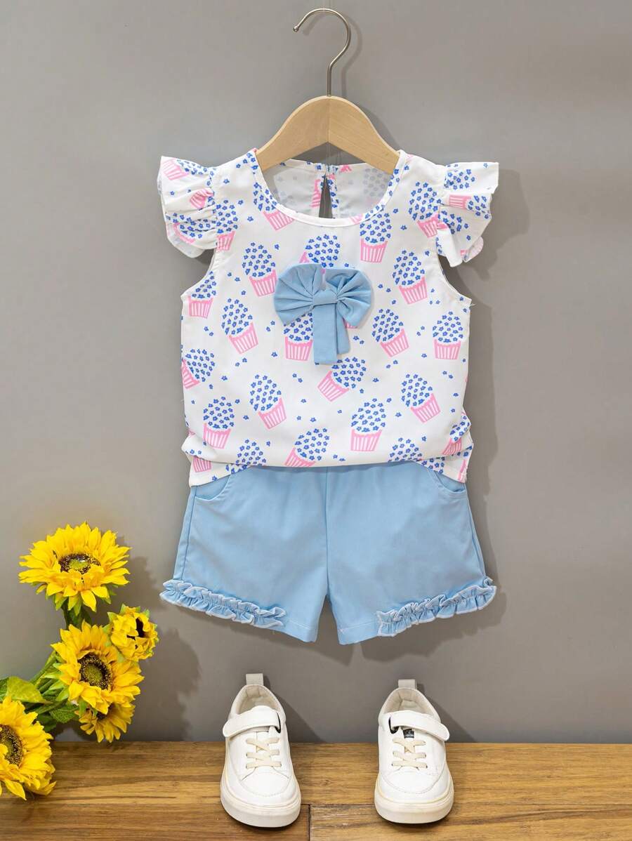 SHEIN Young Girl Floral Print Ruffle Sleeve Bow Tee & Frilled Shorts - Blue and White - View 1