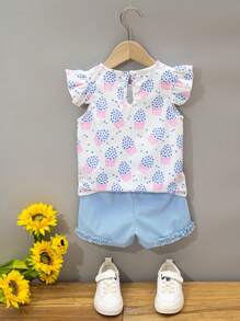 SHEIN Young Girl Floral Print Ruffle Sleeve Bow Tee & Frilled Shorts - Blue and White - View 2