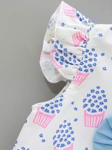 SHEIN Young Girl Floral Print Ruffle Sleeve Bow Tee & Frilled Shorts - Blue and White - View 4