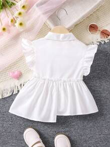 SHEIN Young Girl White Portraits Simple Fashion Shirt With Ruffle Collar And Short Sleeves For Summer - White - View 2