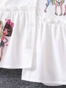 SHEIN Young Girl White Portraits Simple Fashion Shirt With Ruffle Collar And Short Sleeves For Summer - White - View 3