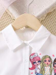 SHEIN Young Girl White Portraits Simple Fashion Shirt With Ruffle Collar And Short Sleeves For Summer - White - View 4