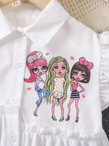 SHEIN Young Girl White Portraits Simple Fashion Shirt With Ruffle Collar And Short Sleeves For Summer - White - View 5